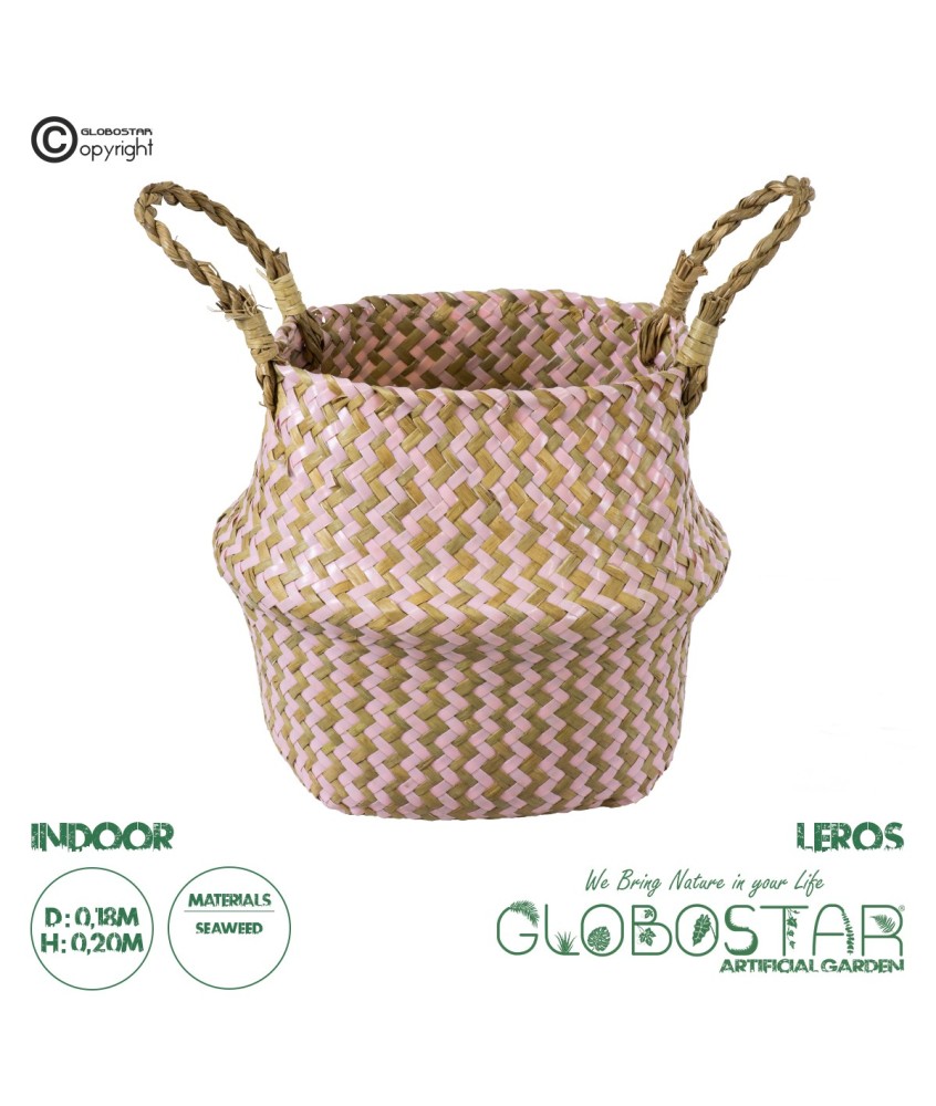 GloboStar® Artificial Garden LEROS 20341 Διακοσμητικό Ψάθινο Καλάθι - Κασπώ Γλάστρα - Flower Pot Ροζ με Καφέ Φ18cm x Υ20cm